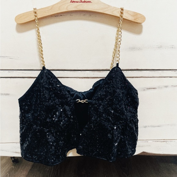 3x$15 Black Sequin Crop Top with Gold Chain Straps - Picture 1 of 5